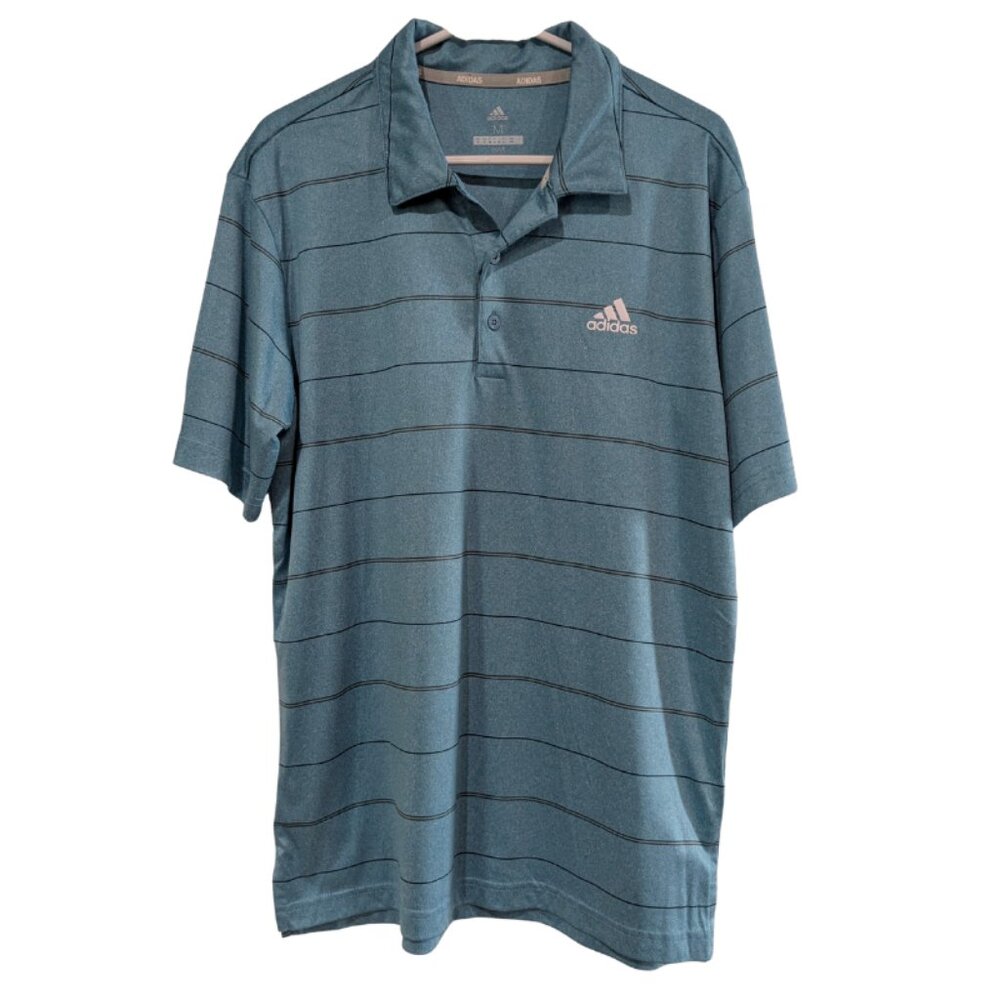 Adidas Men's Golf Polo Shirt, Medium, Blue with Horizontal Stripes, Short Sleeve